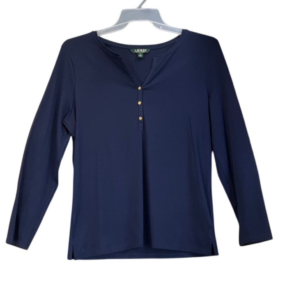 LRL Women’s 2XL Blue Navy Long Sleeves Pull Over Button Logo Old Money